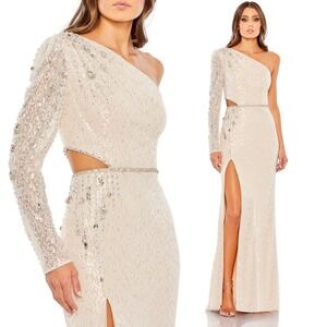 Mac Duggal NEW One‎ Sleeve Embellished Cut-Out Gown in Ivory Nude $698 - Size 4